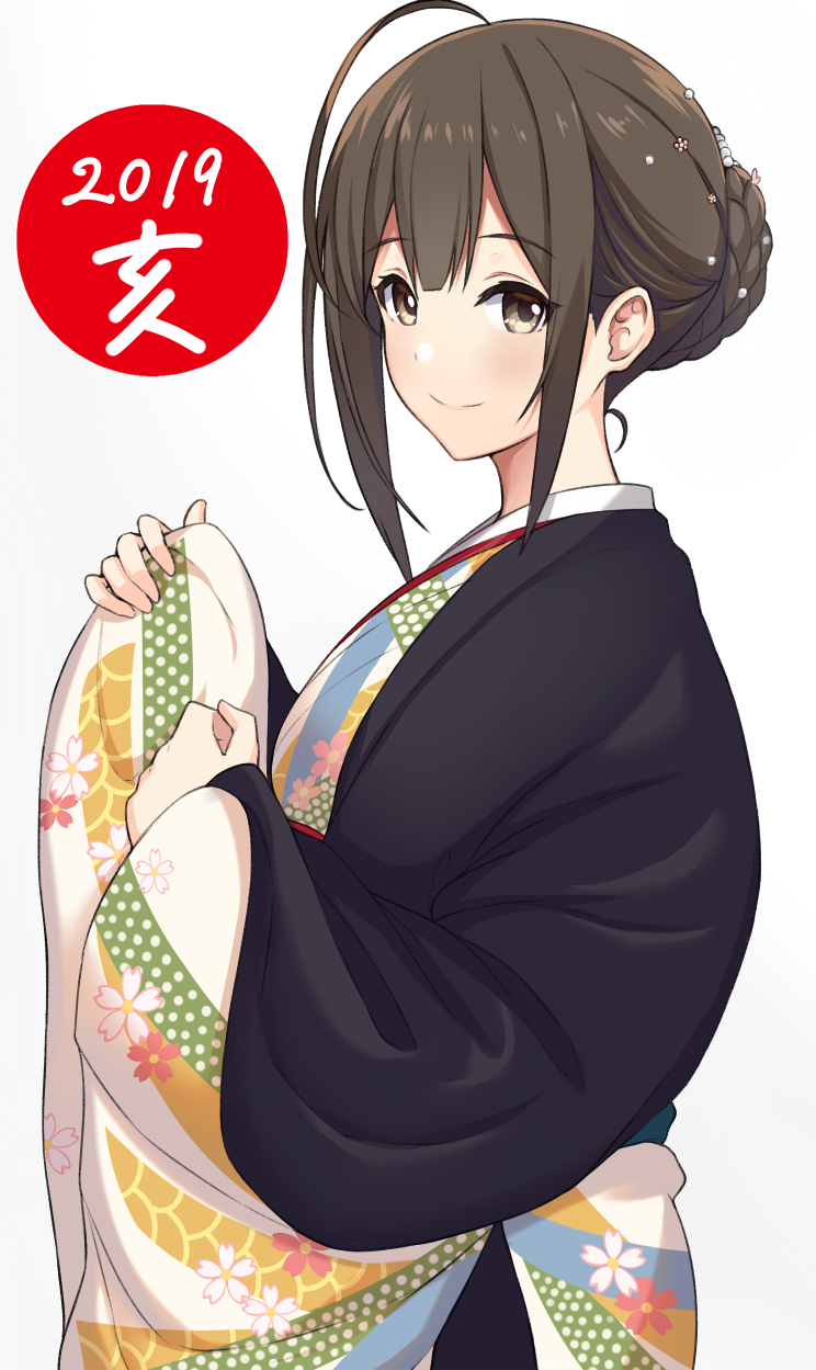 1girl 2019 ahoge bangs blush braided_bun brown_eyes brown_hair closed_mouth commentary_request eyebrows_visible_through_hair from_side hair_bun hair_ornament hands_up highres idolmaster idolmaster_shiny_colors japanese_clothes kimono kuwayama_chiyuki long_hair long_sleeves looking_at_viewer pinching_sleeves print_kimono sidelocks simple_background sleeves_past_wrists smile solo sukebewe tied_hair upper_body white_background white_kimono wide_sleeves