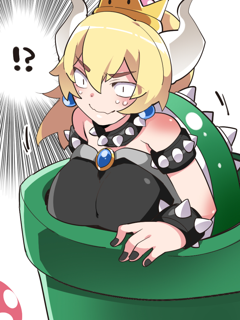 !? 1girl armband bare_shoulders blush bowsette bracelet brooch collar comic commentary_request crown eyebrows genderswap genderswap_(mtf) hammer_(sunset_beach) horns jewelry long_hair super_mario_bros. nail_polish narrowed_eyes new_super_mario_bros._u_deluxe nintendo shell smile solo spiked_armlet spiked_bracelet spiked_collar spiked_shell spikes super_crown super_mario_bros. sweating warp_pipe wavy_mouth