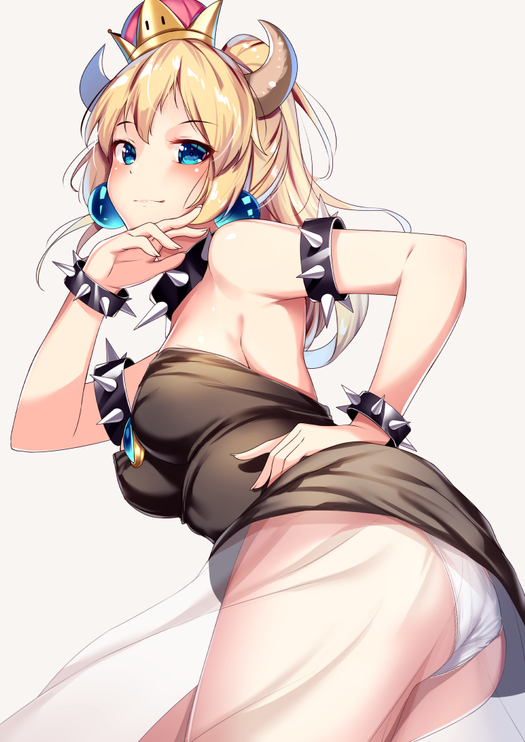 1girl ass bangs bare_shoulders black_dress blonde_hair blush bowsette bracelet breasts closed_mouth collar commentary_request crown dress earrings eyebrows_visible_through_hair fingernails grey_background hair_between_eyes hand_on_hip hand_up horns jewelry long_hair looking_at_viewer looking_back super_mario_bros. medium_breasts mini_crown new_super_mario_bros._u_deluxe nintendo panties ponytail see-through sidelocks simple_background smile solo spiked_bracelet spiked_collar spikes strapless strapless_dress super_crown underwear white_panties yan_(nicknikg)