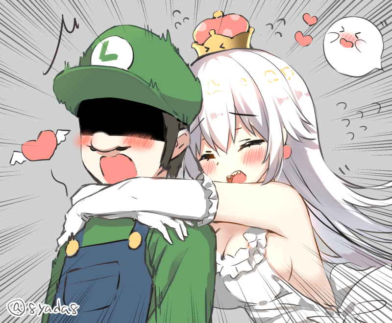 &gt;_&lt; 1boy 1girl bangs bare_shoulders blush boo breasts cleavage closed_eyes crown dress earrings elbow_gloves emphasis_lines eyebrows_visible_through_hair facial_hair flying_heart flying_sweatdrops frilled_dress frilled_gloves frills ghost gloves green_hat green_sweater hair_between_eyes hat heart heart_wings hug hug_from_behind jewelry large_breasts long_hair luigi luigi's_mansion super_mario_bros. mini_crown mustache new_super_mario_bros._u_deluxe nintendo no_bra open_mouth overalls princess_king_boo scared shaded_face sharp_teeth sideboob sleeveless sleeveless_dress super_crown super_mario_bros. sweater teeth white_dress white_gloves white_hair wings yadapot