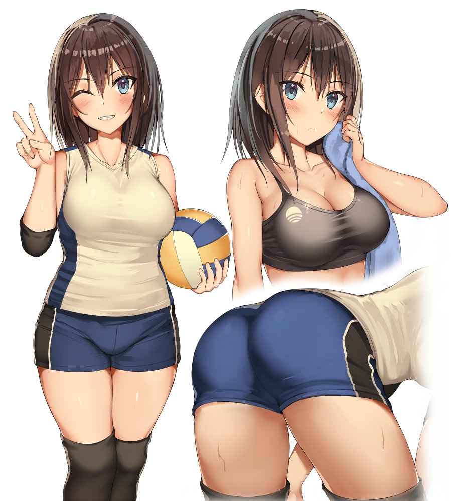1girl armpit_crease ass ball bangs bare_shoulders bent_over black_legwear blue_eyes blue_shorts blush breasts brown_hair cleavage closed_mouth collarbone commentary_request eyebrows_visible_through_hair grey_shirt grin hair_between_eyes hand_up hands_on_own_thighs head_tilt holding holding_ball holding_towel kureha_(ironika) large_breasts long_hair looking_at_viewer medium_breasts multiple_views one_eye_closed original pantylines shirt shorts sidelocks simple_background sleeveless sleeveless_shirt smile sports_bra sportswear sweat taut_clothes teeth thigh-highs thighs towel tsubasa_(kureha) v volleyball volleyball_uniform white_background