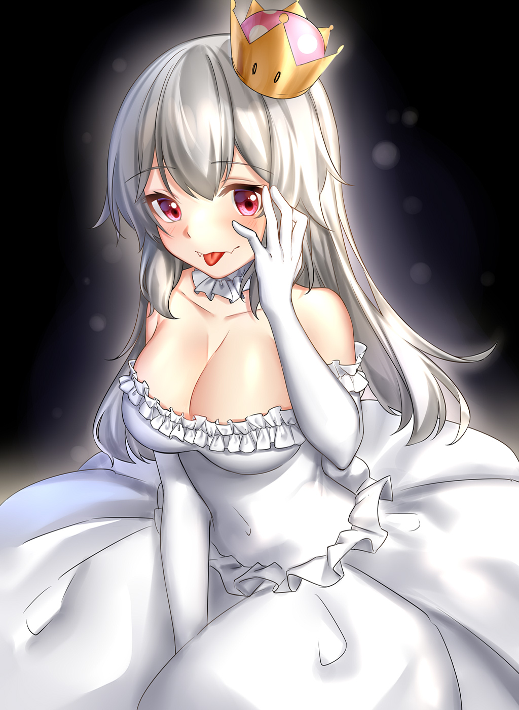 1girl :p bangs bare_shoulders black_background blush breasts cleavage closed_mouth collarbone covered_navel crown dress elbow_gloves eyebrows_visible_through_hair fang_out frilled_dress frills gloves glowing grey_hair hand_on_own_cheek highres large_breasts long_hair looking_at_viewer super_mario_bros. neck_garter new_super_mario_bros._u_deluxe nintendo pink_eyes princess_king_boo rukinya_(nyanko_mogumogu) shiny shiny_hair simple_background smile solo straight_hair strapless strapless_dress super_crown tongue tongue_out very_long_hair white_dress white_gloves