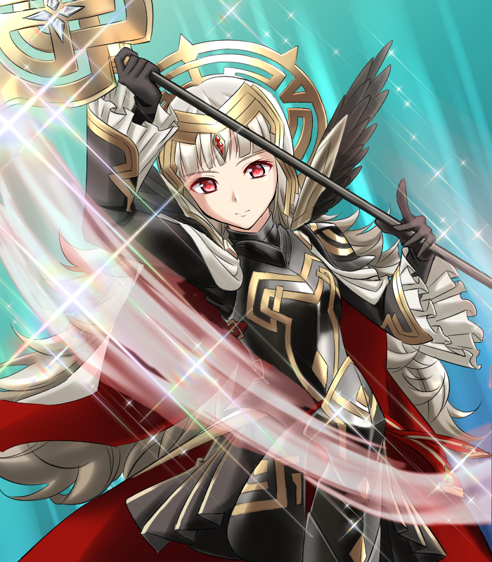 1girl armor black_armor black_gloves cape closed_mouth crown fire_emblem fire_emblem_heroes gloves grey_hair hair_ornament holding holding_staff kakiko210 long_hair long_sleeves nintendo red_eyes solo sparkle staff veronica_(fire_emblem)