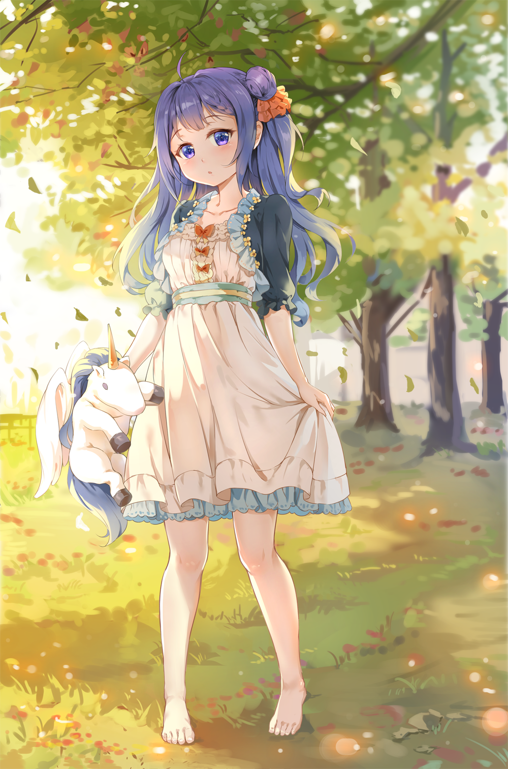 1girl :o azur_lane bangs barefoot blurry blurry_background blush bow breasts collarbone commentary_request day depth_of_field dress eyebrows_visible_through_hair grass hair_bun hair_ribbon head_tilt highres holding holding_stuffed_animal long_hair looking_at_viewer miazi on_grass one_side_up orange_bow orange_ribbon outdoors parted_lips puffy_short_sleeves puffy_sleeves purple_hair ribbon short_sleeves side_bun skirt_hold small_breasts solo standing stuffed_alicorn stuffed_animal stuffed_toy toenails tree unicorn_(azur_lane) very_long_hair violet_eyes white_dress