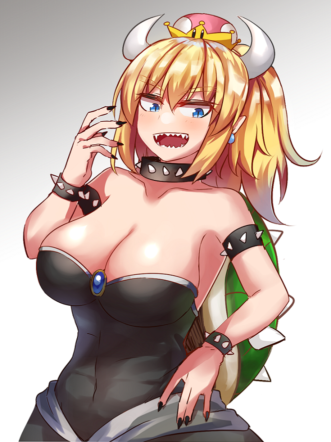1girl :d armlet armpits bangs bare_arms bare_shoulders black_collar black_dress black_nails blonde_hair blue_earrings blue_eyes blush borrowed_design bowsette bracelet breasts cleavage collar collarbone commentary_request covered_navel crown dress earrings eyebrows_visible_through_hair eyelashes eyes_visible_through_hair fingernails forked_eyebrows half-closed_eyes hand_on_hip hand_up horns jewelry large_breasts long_fingernails long_hair looking_at_viewer super_mario_bros. nail_polish new_super_mario_bros._u_deluxe nintendo ohitashi_netsurou open_mouth pointy_ears ponytail sanpaku sharp_fingernails sharp_teeth shiny shiny_hair slit_pupils smile solo spiked_armlet spiked_bracelet spiked_collar spikes strapless strapless_dress super_crown teeth thick_eyebrows turtle_shell upper_body v-shaped_eyebrows