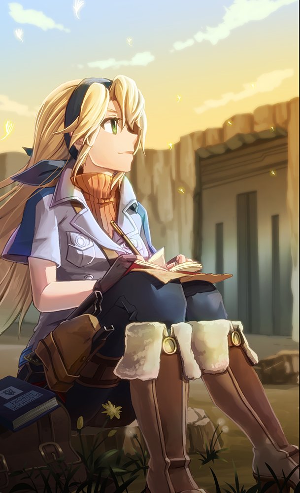 1girl bag blonde_hair book boots bow breasts clarissa_arwin closed_mouth clouds coat commentary_request denim english fingerless_gloves flower gloves green_eyes hairband jacket jeans long_hair pants pen ribbon sky smile solo sweater wild_arms wild_arms_xf