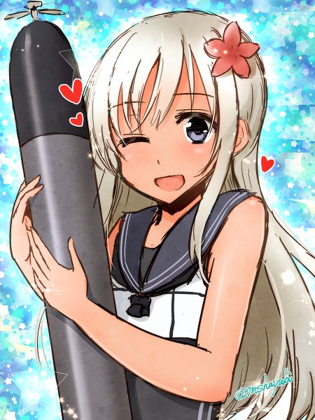 1girl bangs blue_eyes blush commentary_request crop_top eyebrows_visible_through_hair flower hair_between_eyes hair_flower hair_ornament holding kantai_collection long_hair looking_at_viewer mashayuki one-piece_swimsuit one-piece_tan one_eye_closed open_mouth ro-500_(kantai_collection) school_swimsuit school_uniform serafuku simple_background smile solo swimsuit swimsuit_under_clothes tan tanline torpedo white_hair