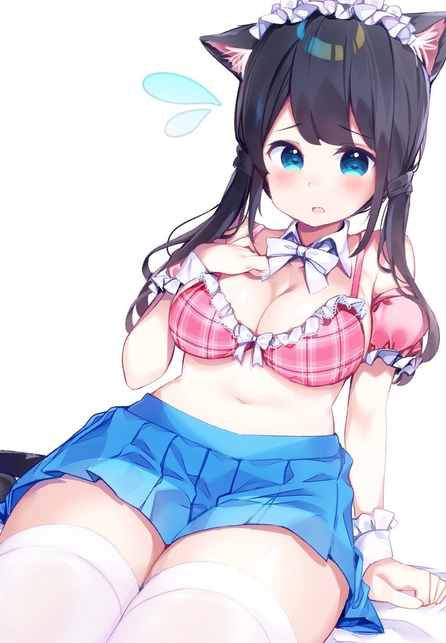 1girl animal_ear_fluff animal_ears bangs bare_shoulders blue_eyes blue_skirt blush bow bow_bra bra breasts brown_hair cat_ears chikuwa. cleavage commentary_request detached_collar detached_sleeves dutch_angle eyebrows_visible_through_hair flying_sweatdrops frilled_hairband frills hairband hand_on_own_chest hand_up highres large_breasts long_hair navel original parted_lips plaid plaid_bra pleated_skirt puffy_short_sleeves puffy_sleeves red_bra short_sleeves simple_background sitting skirt solo thigh-highs underwear white_background white_collar white_legwear wrist_cuffs
