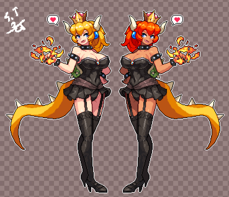 2girls bare_shoulders black_dress blonde_hair bowsette bracelet breasts collar crown dark-skin dress garters jewelry large_breasts super_mario_bros. multiple_girls new_super_mario_bros._u_deluxe nintendo pixel_art redhead sevenran spiked_bracelet spiked_collar spikes super_crown tail thigh-highs