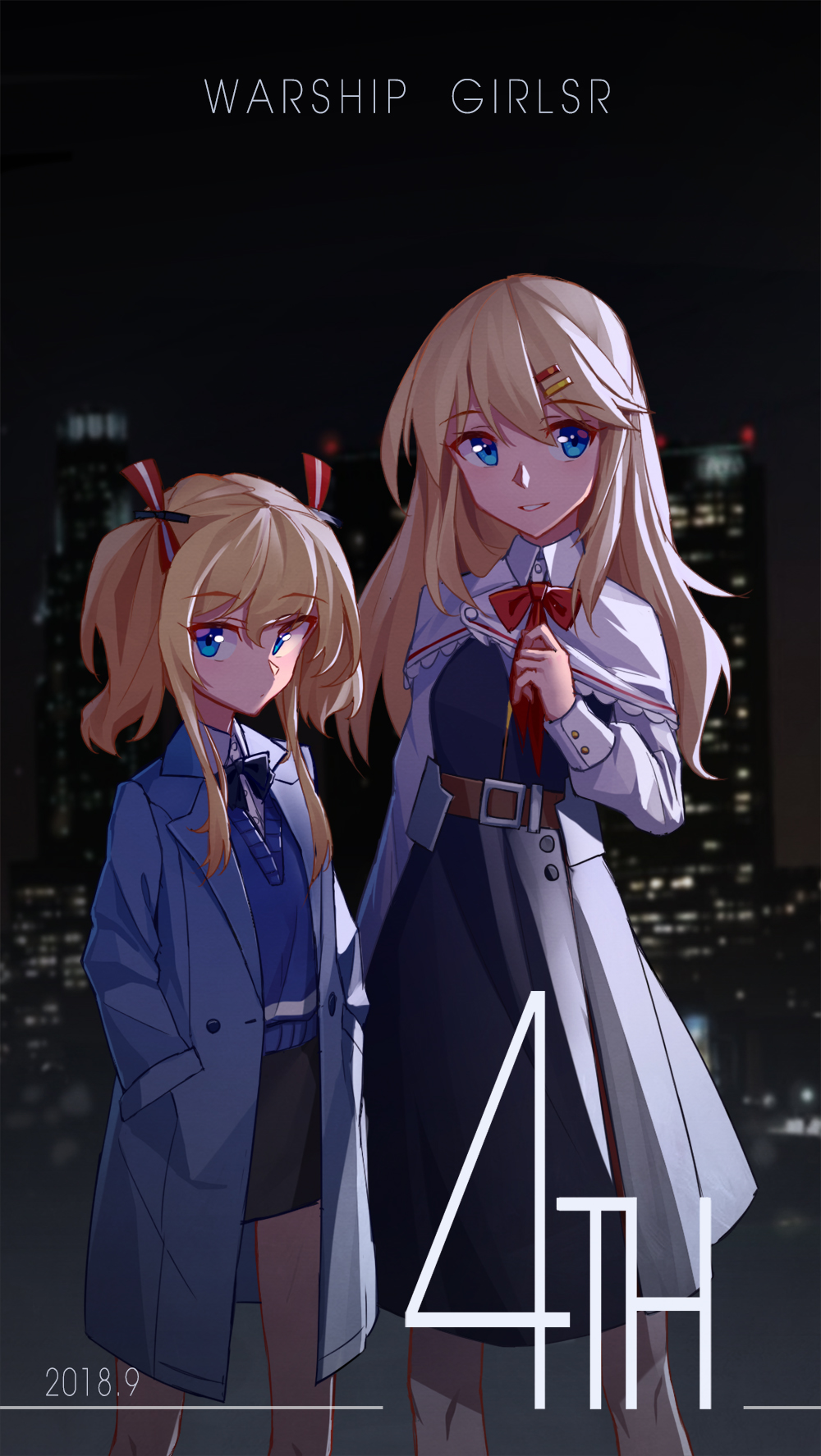 2girls arnold-s bangs belt_buckle black_neckwear black_skirt blonde_hair blue_dress blue_eyes blue_jacket blue_sweater blurry blurry_background bow bowtie brown_belt buckle building capelet cityscape closed_mouth collared_shirt commentary copyright_name dated depth_of_field dress dress_shirt eyebrows_visible_through_hair glowworm_(zhan_jian_shao_nyu) hair_between_eyes hair_ornament hair_ribbon hairclip hands_in_pockets highres jacket long_hair multiple_girls night night_sky open_clothes open_jacket outdoors parted_lips red_ribbon ribbon shirt sidelocks skirt sky skyscraper smile striped striped_ribbon sweater twintails white_capelet white_shirt zhan_jian_shao_nyu