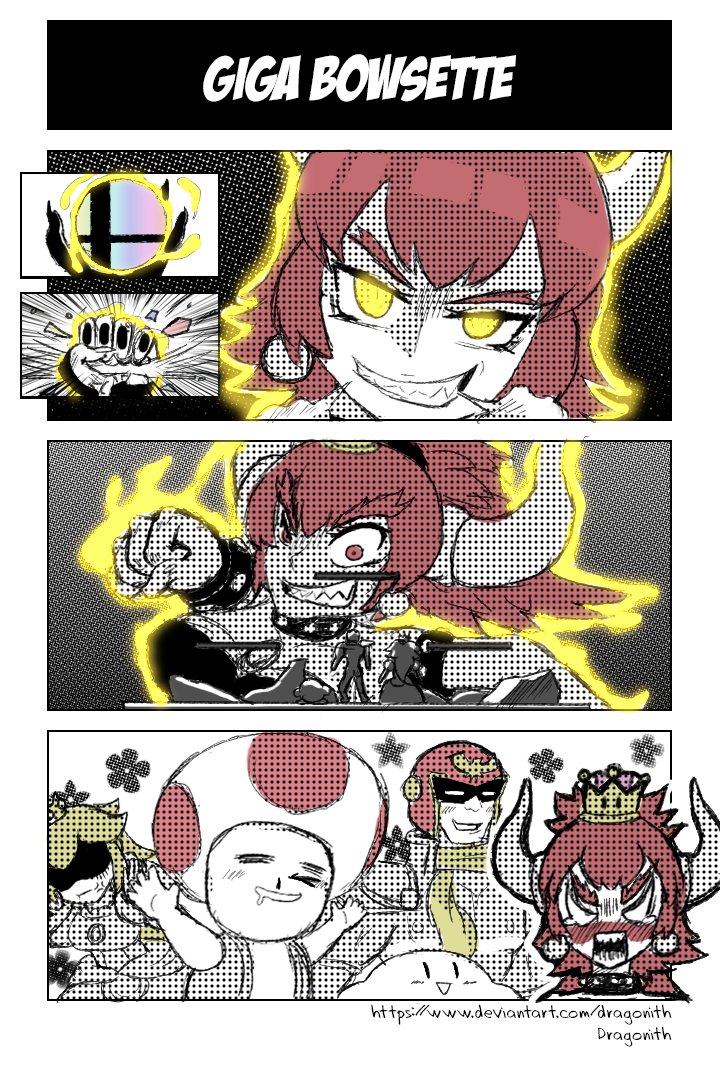 2girls 3boys aiming anger_vein angry aura bangs black_background blonde_hair blush bowsette bracelet breasts brooch captain_falcon clenched_hand clenched_teeth collar comic crazy_eyes crown dragonith earrings empty_eyes eyebrows fingernails flat_color floral_background giga_bowser glowing glowing_eyes grin hair_between_eyes halftone happy helmet horns jewelry kirby looking_down super_mario_bros. multiple_boys multiple_girls new_super_mario_bros._u_deluxe nintendo nose_blush open_clothes open_vest outstretched_arms ponytail princess_peach red_eyes redhead saliva scarf shaded_face sharp_fingernails sharp_teeth silent_comic size_difference smile spiked_bracelet spiked_collar spikes spread_arms star steam super_crown super_smash_bros_ultimate surprised tearing_up teeth toad upper_body vest white_background yellow_eyes yellow_scarf