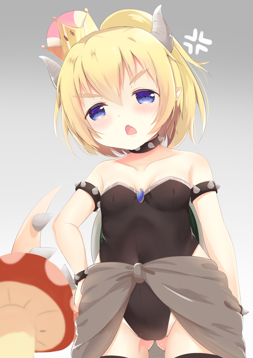 1girl anger_vein ass_visible_through_thighs bangs bare_shoulders black_legwear black_leotard blonde_hair blue_eyes blurry_foreground bowsette bracelet breasts collar collarbone covered_navel crown eyebrows_visible_through_hair fang gradient gradient_background grey_background hair_between_eyes hand_on_hip head_tilt high_ponytail highres horns jewelry kittipat_jituatakul leotard looking_at_viewer super_mario_bros. mini_crown mushroom new_super_mario_bros._u_deluxe nintendo open_mouth ponytail small_breasts solo spiked_bracelet spiked_collar spiked_tail spikes strapless strapless_leotard super_crown tail thigh-highs tilted_headwear v-shaped_eyebrows white_background