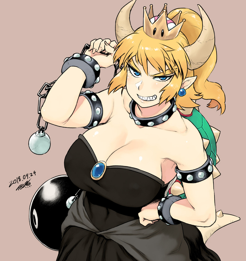 1girl bare_shoulders black_dress blonde_hair blue_eyes bowsette bracelet breasts brown_background chain_chomp cleavage collar crown dated dress earrings fingernails grin hand_on_hip horns jewelry large_breasts looking_at_viewer new_super_mario_bros._u_deluxe pointy_ears ponytail sharp_fingernails sharp_teeth signature simple_background slit_pupils smile solo strapless strapless_dress super_crown teeth tsukudani_(coke-buta)