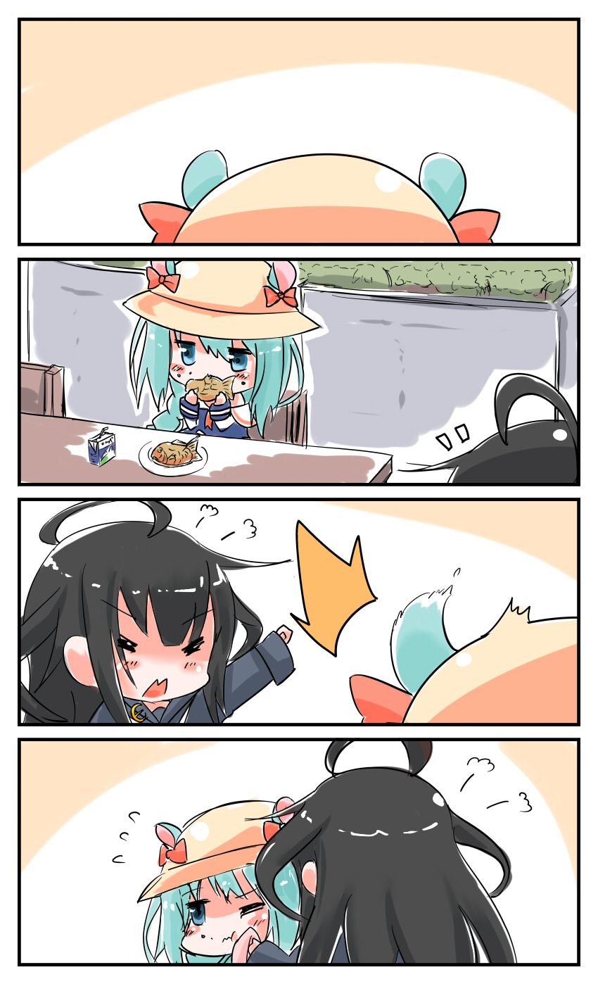 2girls 4koma ahoge animal_ears arm_up azur_lane black_hair black_shirt blue_dress blush_stickers chair chibi closed_eyes comic crossover dress eating flying_sweatdrops food green_eyes green_hair handkerchief hat highres kantai_collection long_hair mikazuki_(azur_lane) mikazuki_(kantai_collection) milk milk_carton mouse_ears multiple_girls namesake one_eye_closed open_mouth shirt shouting silent_comic sitting sketch straw surprised table taiyaki wagashi wiping wiping_face yagami_kamiya