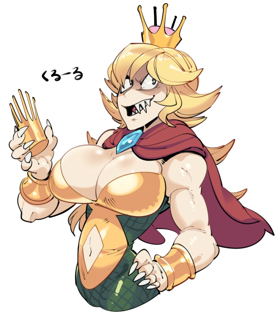 1girl black_eyes blonde_hair bodysuit bracer cape crazy_eyes cropped_torso donkey_kong_country genderswap genderswap_(mtf) hand_on_hip king_k._rool long_hair super_mario_bros. muscle muscular_female new_super_mario_bros._u_deluxe nintendo sharp_teeth sido_(slipknot) simple_background solo super_crown teeth uneven_eyes white_background