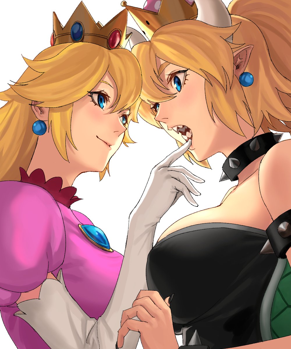 2girls backlighting black_dress black_nails blonde_hair blue_eyes blush borrowed_design bowsette bracelet breasts brooch collar commentary_request dress earrings elbow_gloves face-to-face gem gloves hair_between_eyes highres horns jewelry large_breasts long_hair looking_at_another super_mario_bros. multiple_girls nail_polish new_super_mario_bros._u_deluxe nintendo open_mouth pink_dress pointy_ears ponytail princess_peach puffy_short_sleeves puffy_sleeves sharp_teeth shell short_sleeves smile spiked_armlet spiked_collar spikes super_crown super_mario_bros. teeth turtle_shell white_gloves yuri zonotaida