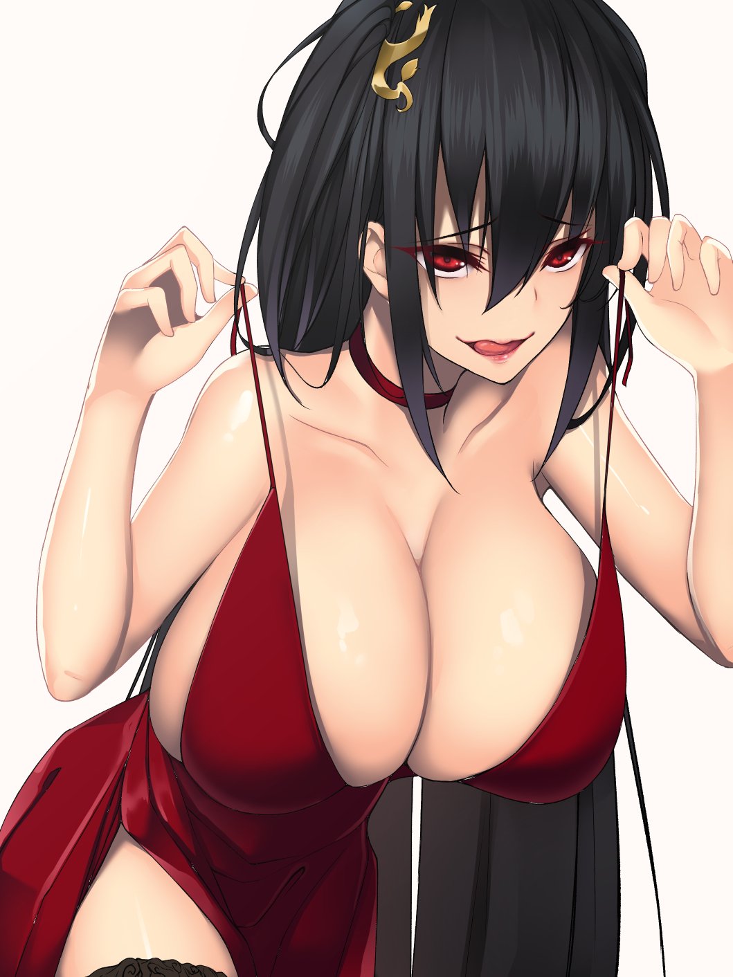 1girl :q azur_lane black_hair black_legwear breasts choker cleavage dress hair_between_eyes hair_ornament highres huge_breasts leaning_forward licking_lips lifted_by_self lips long_hair miyashiro_ryuutarou red_dress red_eyes side_slit sidelocks simple_background smile solo strap_lift taihou_(azur_lane) thigh-highs tongue tongue_out very_long_hair