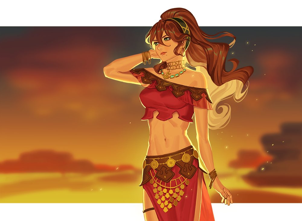 1girl bracelet brown_hair dancer gloves jewelry long_hair long_skirt mella necklace octopath_traveler ponytail primrose_azelhart short_hair simple_background skirt smile solo