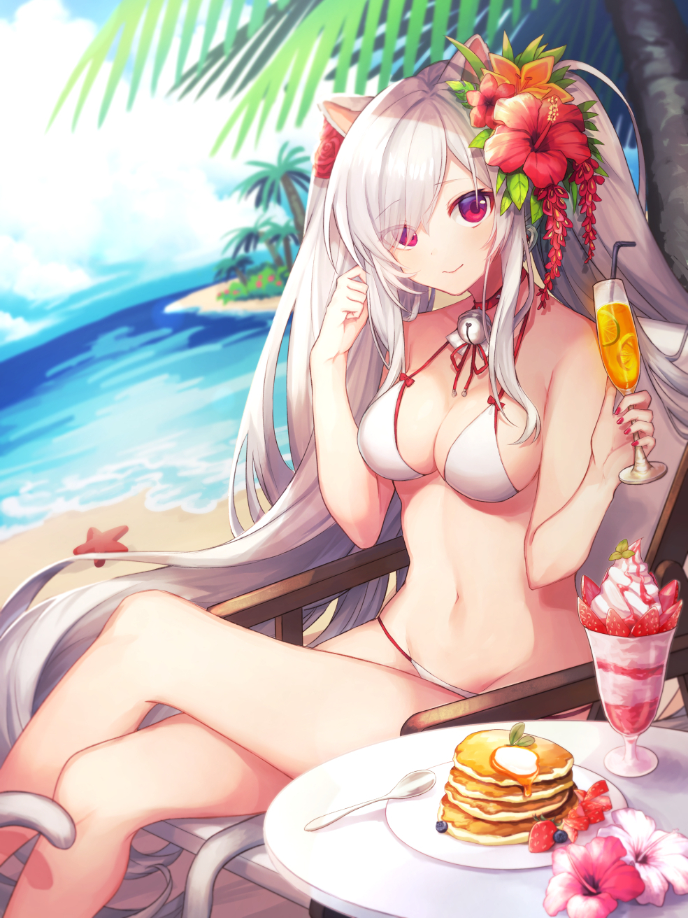 .com_(cu_105) 1girl animal_ears bare_shoulders beach beach_chair bell bell_collar bikini blurry blurry_background breasts cat_ears cat_tail collar commentary_request cup destiny_child drinking_glass drinking_straw dutch_angle flower food fruit hair_flower hair_ornament highres jingle_bell legs_crossed long_hair looking_at_viewer medium_breasts nail_polish navel palm_tree pancake parfait pink_eyes pink_nails plate sitting smile solo spoon starfish strawberry swimsuit table tail tree twintails very_long_hair white_bikini