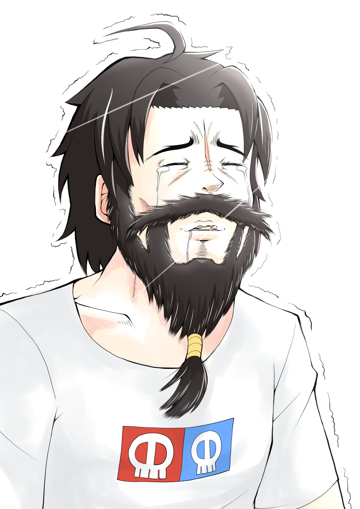 1boy ahoge beard black_hair crying edward_teach_(fate/grand_order) facial_hair fate/grand_order fate_(series) food mustache pocky pororokka_(macareo) scar shirt skull tears trembling white_background