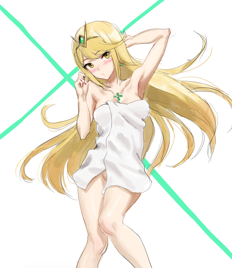 1girl athenawyrm bare_shoulders blonde_hair blush breasts cleavage collarbone covering mythra_(xenoblade) large_breasts long_hair looking_at_viewer naked_towel nintendo nude simple_background solo towel white_background white_towel xenoblade xenoblade_(series) xenoblade_2 yellow_eyes