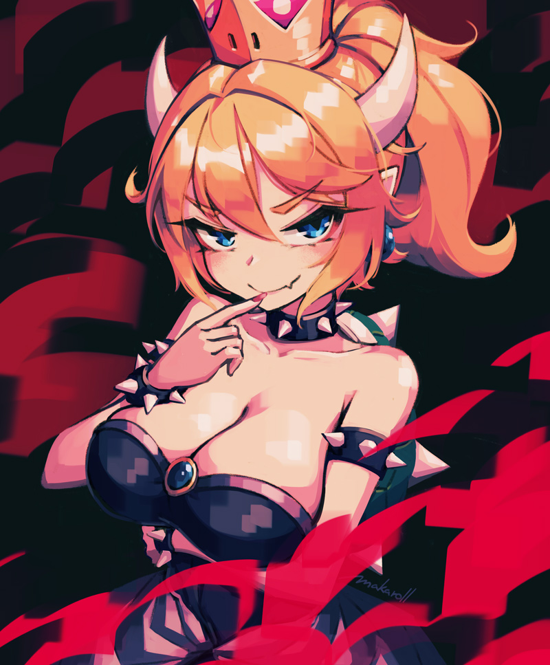 1girl allen_(makaroll) black_background blonde_hair blue_eyes bowsette breasts cleavage crown dress earrings fang_out finger_to_mouth genderswap genderswap_(mtf) half-closed_eyes horns jewelry large_breasts super_mario_bros. nail_polish new_super_mario_bros._u_deluxe nintendo pointy_ears ponytail simple_background smile solo super_mario_bros. upper_body