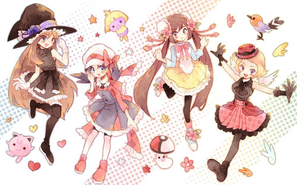 4girls :d atom_(@tom) bird black_dress black_hat black_legwear black_ribbon blue_(pokemon) breasts creature creatures_(company) crystal_(pokemon) dress fletchling flower foongus game_freak gen_1_pokemon gen_2_pokemon gen_5_pokemon gen_6_pokemon happy hat heart jigglypuff large_breasts medium_breasts multiple_girls nintendo open_mouth pantyhose pokemon pokemon_(creature) pokemon_special ribbon shoes small_breasts smile smoochum star thigh-highs whi-two_(pokemon) white_hat wings witch_hat y_na_gaabena