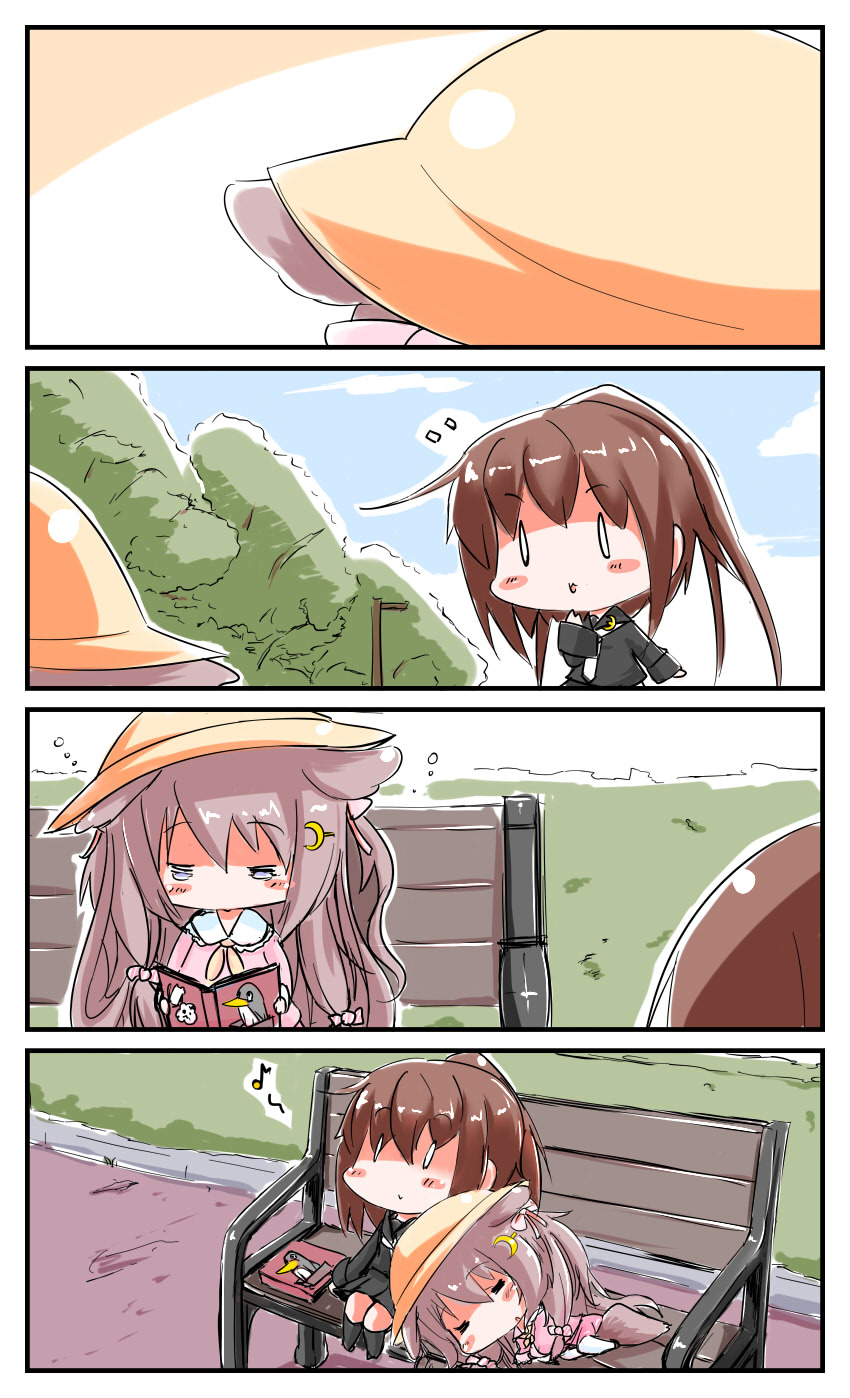 0_0 2girls 4koma animal_ears azur_lane bench black_shirt black_skirt blue_eyes blush_stickers book brown_hair chibi closed_eyes clouds comic crescent crescent_hair_ornament crescent_moon_pin crossover dog_ears dog_tail failure_penguin fumizuki_(azur_lane) fumizuki_(kantai_collection) hair_ornament hand_to_own_mouth hat highres kantai_collection lap_pillow long_hair lying miss_cloud multiple_girls musical_note namesake on_side outdoors pantyhose pink_shirt pink_skirt ponytail reading school_uniform shirt silent_comic sitting sketch skirt sky sleeping sleepy tail tree white_legwear yagami_kamiya