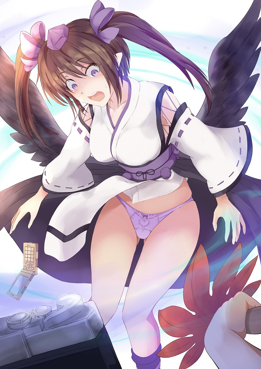 2girls bangs black_legwear black_wings blush bow bow_panties breasts brown_hair camera cellphone collarbone commentary_request fan female_pov flying frilled_panties frills gluteal_fold hair_ribbon hat heart highres himekaidou_hatate holding holding_fan japanese_clothes kagami_toufu kimono kneehighs kourindou_tengu_costume leaf_fan loincloth_lift long_hair long_sleeves looking_down medium_breasts multiple_girls obi open_mouth panties phone pink_panties pointy_ears pom_pom_(clothes) pov purple_hat purple_ribbon ribbon ribbon-trimmed_sleeves ribbon_trim sash sidelocks skindentation tokin_hat touhou two_side_up underwear violet_eyes visible_air waist_cape white_kimono wide-eyed wide_sleeves wings