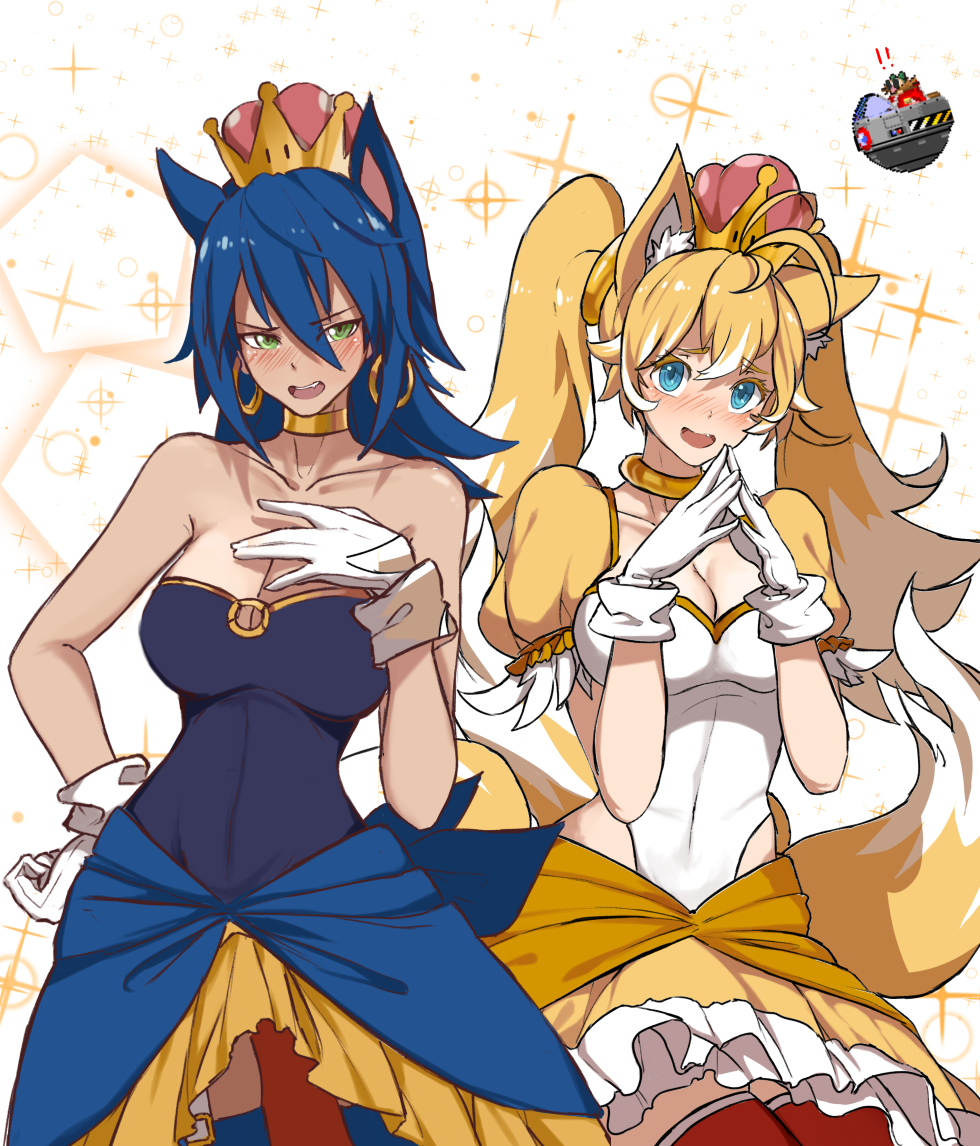 2girls animal_ears bangs bare_shoulders blonde_hair blue_dress blue_eyes blue_hair blue_legwear blush breasts brown_hair cleavage collarbone crown dishwasher1910 dr._eggman dress earrings ears facial_hair fang fox fox_ears fox_tail garter_straps genderswap genderswap_(mtf) gloves goggles goggles_on_head green_eyes hair_between_eyes hand_on_own_chest hand_up head_tilt hoop_earrings jacket jewelry large_breasts long_hair looking_at_viewer mini_crown multiple_boys multiple_girls multiple_tails mustache nose_blush o-ring open_mouth red_jacket smile solo sonic sonic_the_hedgehog sparkle_background strapless strapless_dress super_crown tail tails_(sonic) thigh-highs twintails two_tails white_gloves