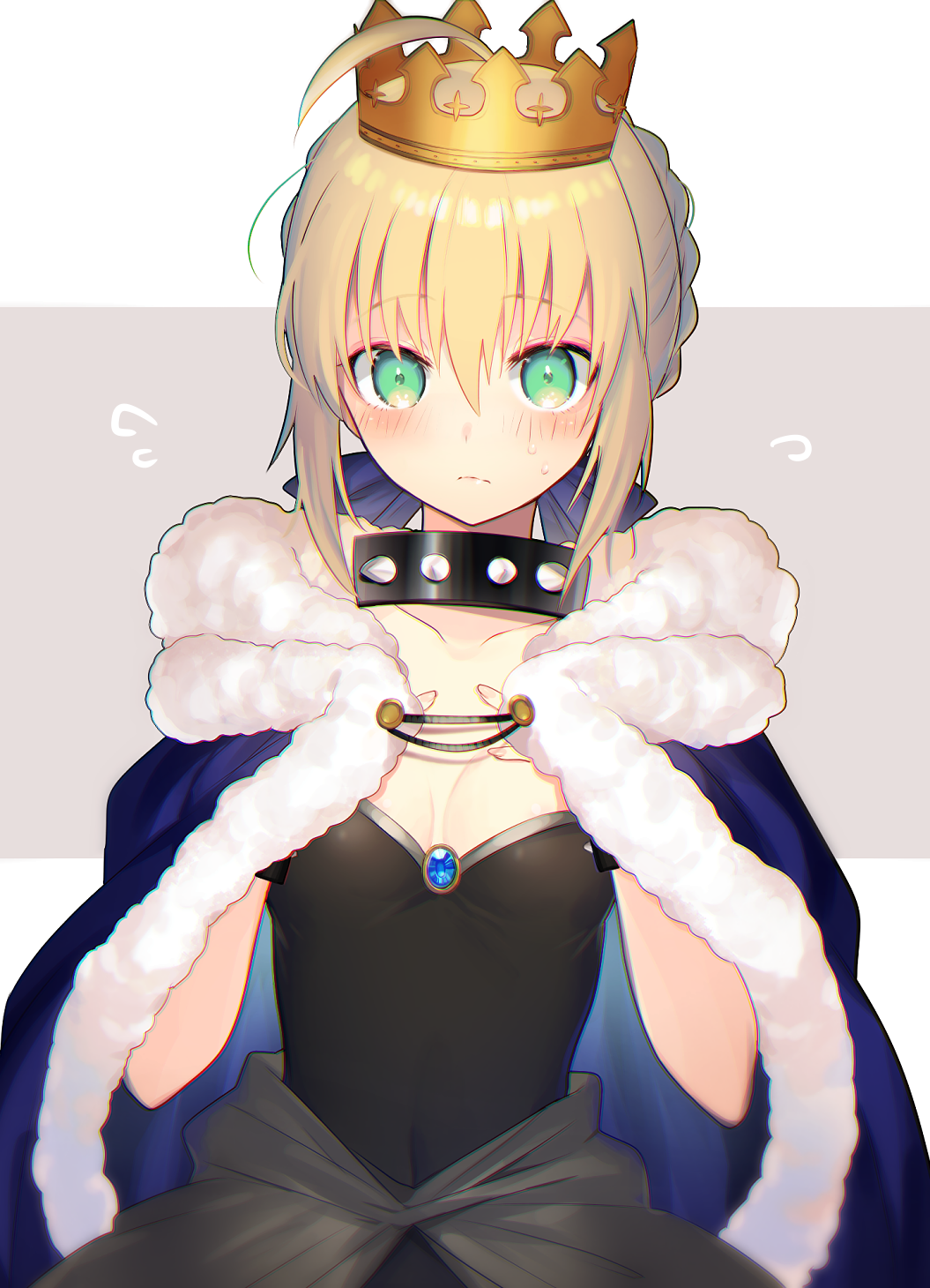 1girl antenna_hair artoria_pendragon_(all) bangs blush bowsette_(cosplay) braid breasts choker cleavage collarbone cosplay cowl crown dress embarrassed eyebrows_visible_through_hair fate/grand_order fate_(series) green_eyes hair_between_eyes highres kirie_nozomi looking_at_viewer saber short_hair simple_background small_breasts solo
