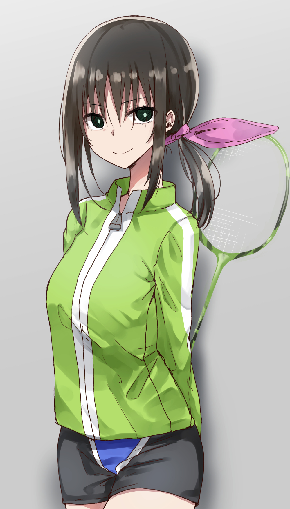 1girl arms_behind_back badminton_racket bangs black_shorts brown_hair closed_mouth commentary_request eyebrows_visible_through_hair green_eyes green_jacket grey_background hair_between_eyes hair_ribbon hanebado! hanesaki_ayano highres jacket long_hair looking_at_viewer low_ponytail pink_ribbon piripun racket ribbon short_shorts shorts sidelocks smile solo track_jacket