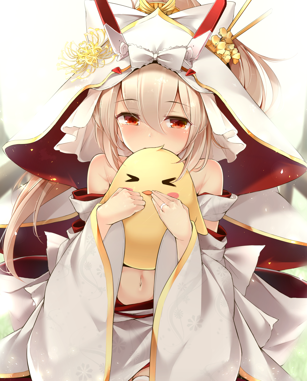 1girl alternate_costume ayanami_(azur_lane) azur_lane bare_shoulders bird bridal_veil bride chick commentary_request dress eyebrows_visible_through_hair hair_between_eyes headgear highres holding jewelry light_brown_hair long_hair looking_at_viewer midriff navel ring solo toyosaki_shu veil wedding_band wedding_dress