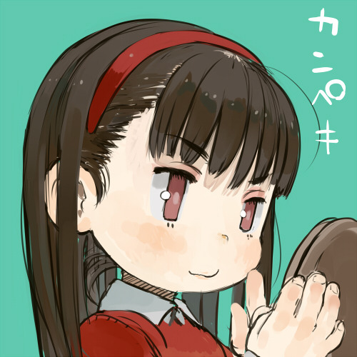 1girl blue_background brown_hair closed_mouth collared_shirt dress ebimomo eyebrows_visible_through_hair fingernails hairband holding long_hair looking_at_viewer lowres original portrait red_dress red_eyes red_hairband shirt simple_background smile solo wing_collar
