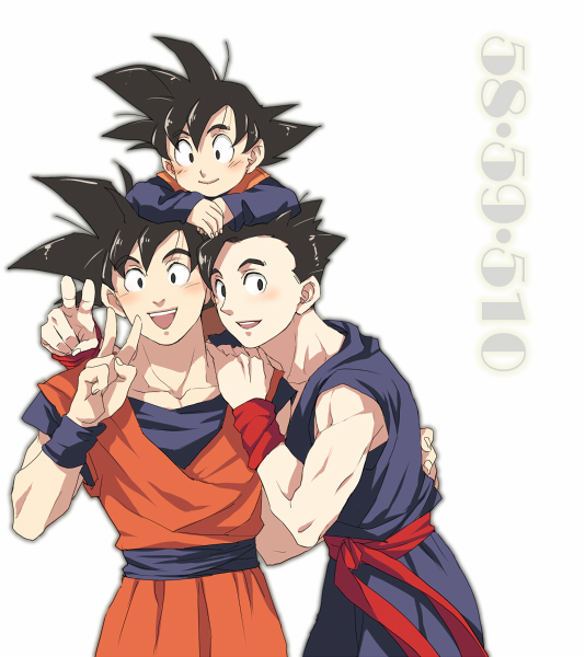 3boys :d arm_rest black_eyes black_hair blush brothers commentary crossed_arms dougi dragon_ball dragonball_z eyebrows_visible_through_hair father_and_son fingernails happy long_sleeves looking_at_viewer male_focus multiple_boys number number_pun open_mouth pinki_(shounenkakuseiya) short_hair siblings simple_background sleeveless smile son_gohan son_gokuu son_goten spiky_hair upper_body v white_background wristband