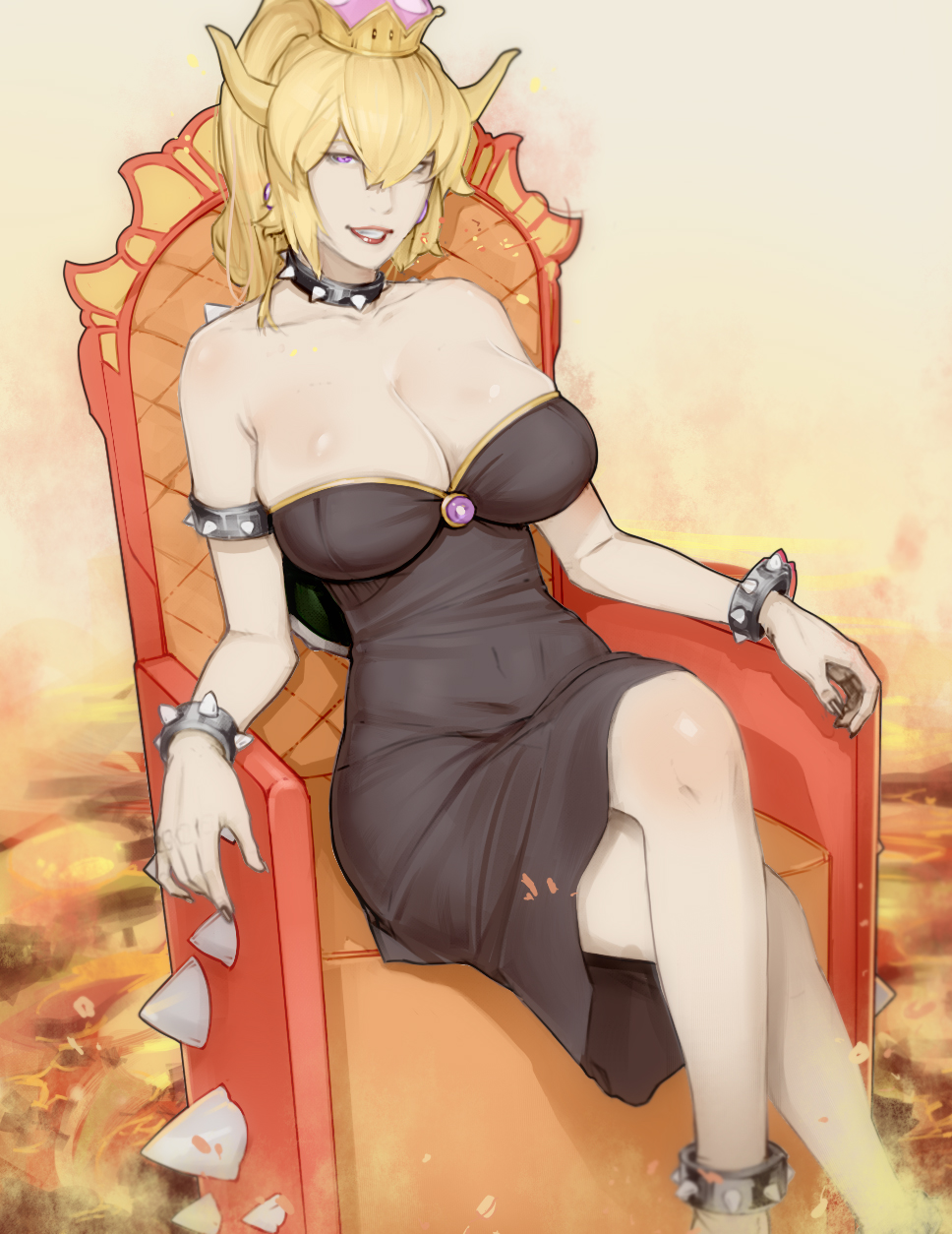 1girl background_base bare_shoulders black_dress black_nails blonde_hair bowsette bracelet breasts cleavage collar collarbone crown dress genderswap grin highres horns jewelry large_breasts long_hair looking_at_viewer super_mario_bros. materclaws molten_rock nail_polish new_super_mario_bros._u_deluxe nintendo ponytail princess_peach sitting smile solo super_mario_bros. violet_eyes