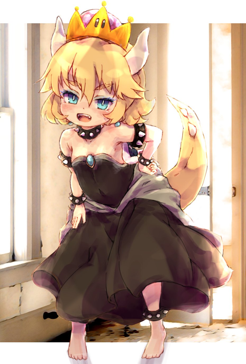1girl :d anklet armlet bare_shoulders barefoot black_dress blonde_hair blue_eyes bowsette bracelet brooch collar commentary_request crown dress earrings full_body highres horns jewelry kolshica super_mario_bros. new_super_mario_bros._u_deluxe nintendo open_mouth sharp_teeth smile spiked_anklet spiked_armlet spiked_bracelet spiked_collar spiked_tail spikes standing strapless strapless_dress super_crown tail teeth upper_teeth younger
