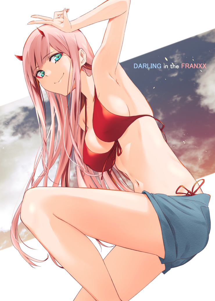 1girl aqua_eyes armpits bangs bare_shoulders bikini blue_shorts blush breasts closed_mouth collarbone copyright_name darling_in_the_franxx eyeliner hand_gesture hand_up horns long_hair looking_at_viewer makeup medium_breasts murio navel pink_hair red_bikini red_horns shorts sideboob smile solo swimsuit thighs v waist zero_two_(darling_in_the_franxx)
