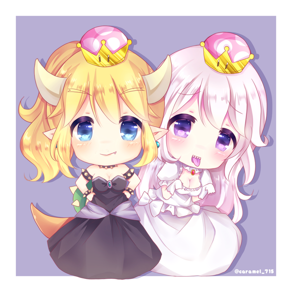 2girls :d bangs black_dress blonde_hair blue_eyes blush bowsette bracelet breasts caramel_(caramelmilk) cleavage closed_mouth collar commentary_request crown dress elbow_gloves eyebrows_visible_through_hair fang fang_out gloves hair_between_eyes hands_on_hips hands_up high_ponytail horns jewelry large_breasts long_hair luigi's_mansion super_mario_bros. mini_crown multiple_girls new_super_mario_bros._u_deluxe nintendo open_mouth pointy_ears ponytail princess_king_boo puffy_short_sleeves puffy_sleeves purple_background sharp_teeth short_sleeves silver_hair smile spiked_bracelet spiked_collar spiked_shell spikes strapless strapless_dress super_crown tail teeth tongue tongue_out turtle_shell twitter_username two-tone_background very_long_hair violet_eyes white_background white_dress white_gloves