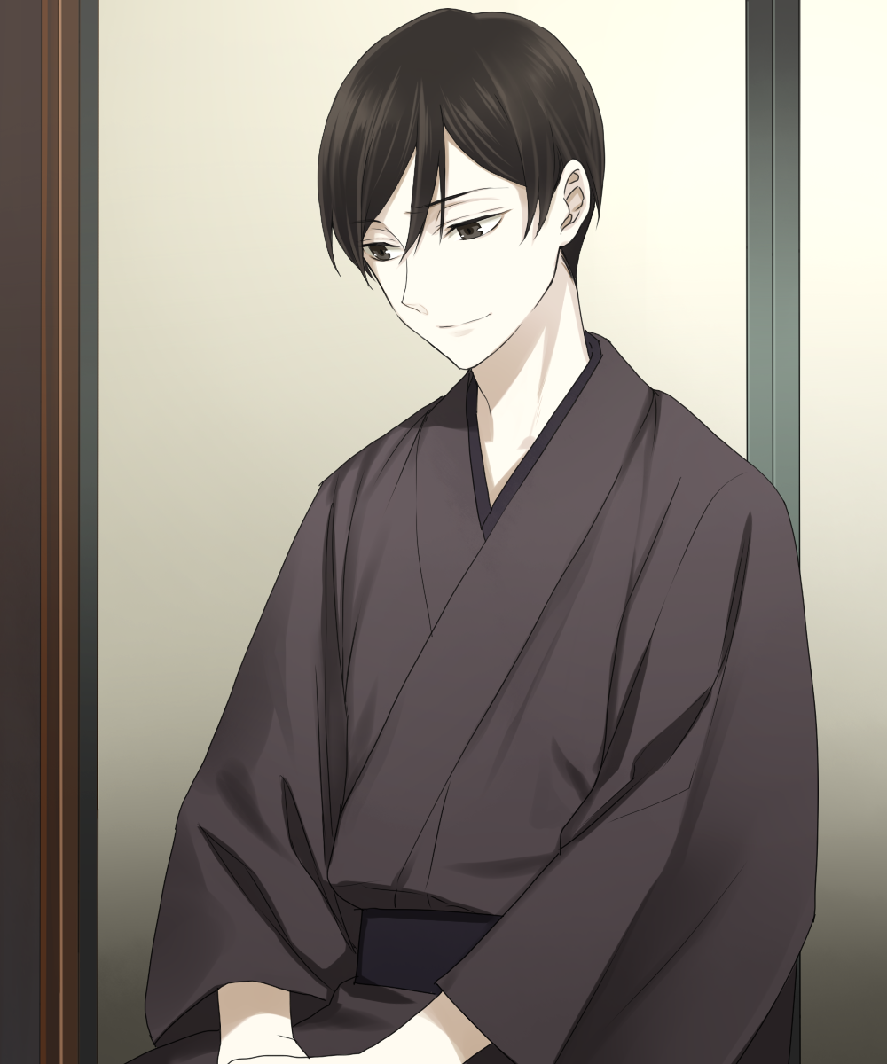 1boy black_eyes black_hair black_kimono chimachi hair_between_eyes hands_together highres japanese_clothes kimono looking_down male_focus pale_skin sash shouwa_genroku_rakugo_shinjuu sitting smile solo yuurakutei_yakumo