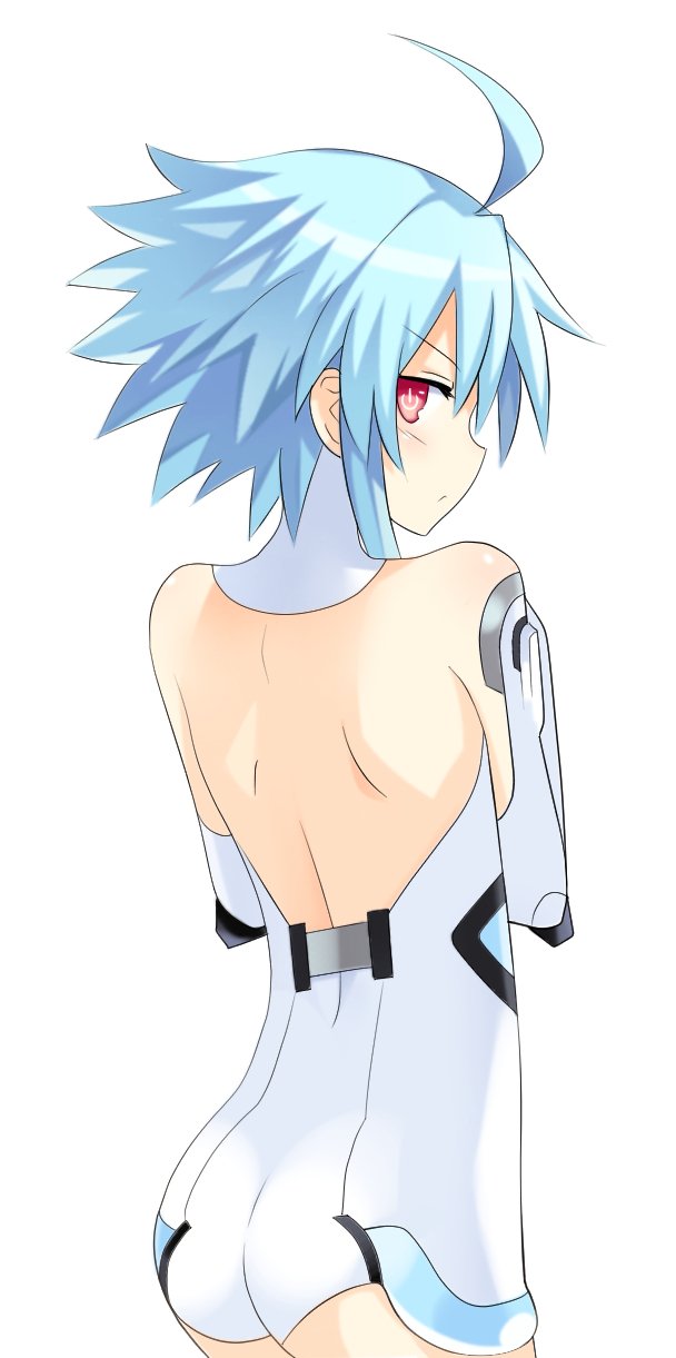 1girl bare_shoulders blue_hair blush butt_crack cowboy_shot elbow_gloves from_behind gloves hands_up highres leotard looking_back neptune_(series) red_eyes short_hair_with_long_locks simple_background skin_tight solo symbol-shaped_pupils white_background white_heart white_leotard zero_(ray_0805)