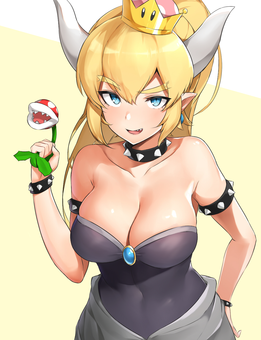 1girl :d bare_shoulders blonde_hair blue_eyes borrowed_character bowsette breasts cleavage collarbone covered_navel crown dress earrings half-closed_eyes hand_on_hip highres horns jewelry large_breasts leaning_forward looking_at_viewer super_mario_bros. new_super_mario_bros._u_deluxe nintendo nnoelllll open_mouth piranha_plant pointy_ears sharp_teeth smile solo strapless strapless_dress teeth thick_eyebrows