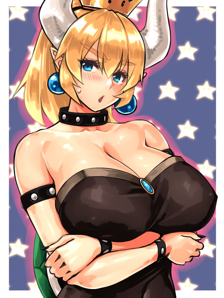 1girl bare_shoulders blonde_hair blue_eyes bowsette bracelet breasts collar crown dress genderswap genderswap_(mtf) hayama_kazusa highres horns jewelry large_breasts long_hair looking_at_viewer super_mario_bros. new_super_mario_bros._u_deluxe nintendo ponytail spiked_bracelet spiked_collar spikes strapless strapless_dress super_crown super_mario_bros.