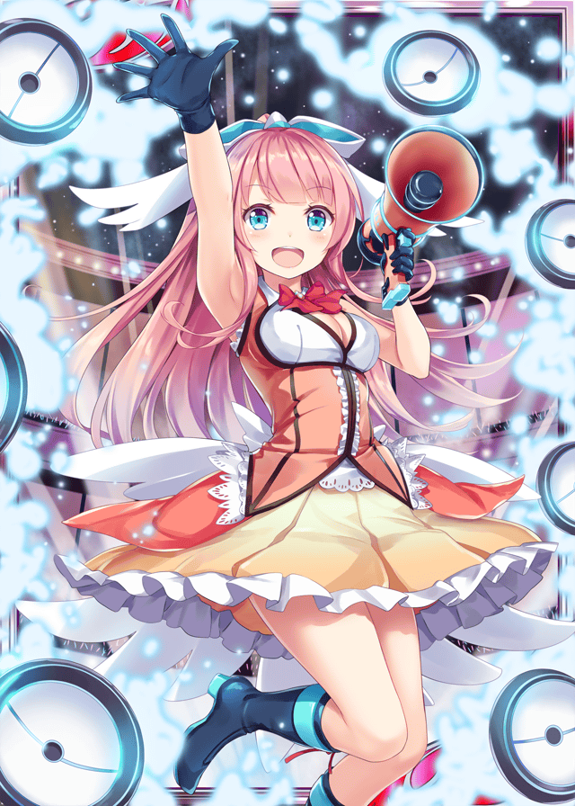 1girl akkijin armpits bare_shoulders black_gloves blue_eyes blush boots breasts card_(medium) gloves hair_ribbon hand_up holding holding_megaphone looking_at_viewer medium_breasts megaphone official_art pink_hair red_ribbon ribbon round_teeth shinkai_no_valkyrie skirt stage stage_lights teeth white_ribbon