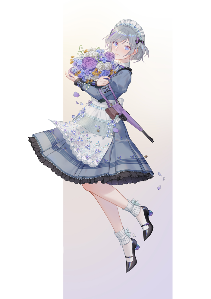 1girl ankle_wrap apron black_bow black_footwear blue_dress blue_flower blue_neckwear blue_ribbon blush bouquet bow closed_eyes commentary_request dress eyebrows_visible_through_hair floral_print flower frilled_dress frills frown full_body girls_frontline gradient gradient_background grey_hair gun hair_bow high_heels holding holding_bouquet juliet_sleeves long_sleeves maid maid_apron maid_headdress neck_ribbon object_namesake outside_border petals puffy_sleeves purple_flower ribbon rj_(lingshih10) rose shiny shiny_hair short_hair socks solo sweat thompson/center_contender_(girls_frontline) two_side_up weapon white_flower white_legwear white_rose