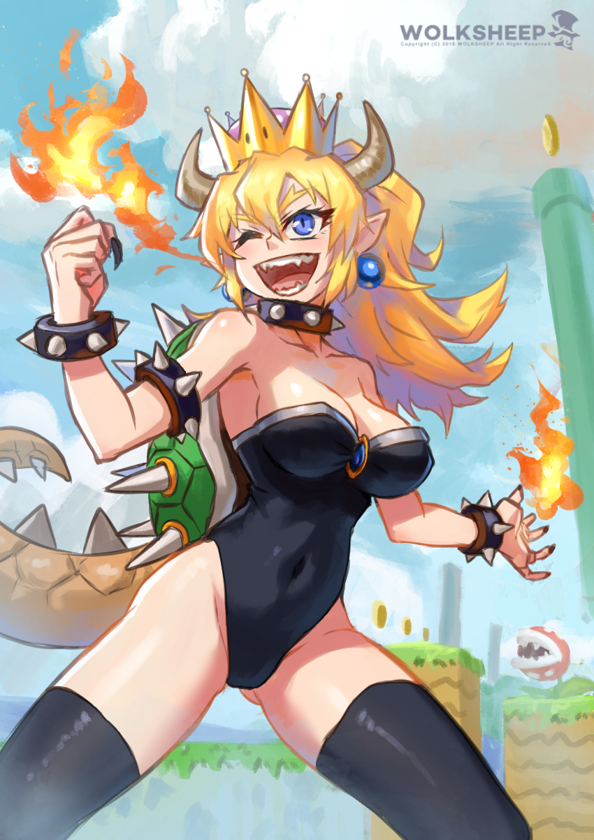 1girl blonde_hair bowsette bracelet breasts breathing_fire cleavage collar covered_navel crown fangs fingernails fire gluteal_fold highres horns jewelry leotard long_fingernails long_hair super_mario_bros. nintendo open_mouth shell smile solo spiked_bracelet spiked_collar spikes super_mario_bros. tail thigh-highs violet_eyes wox