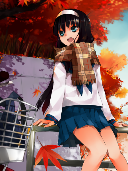 1girl autumn backpack bicycle black_hair blue_eyes carnival_phantasm cute hairband jack_frost_(pixiv_id_4298023) leaf long_hair open_mouth outdoors scarf school_uniform sitting solo tohno_akiha tree tsukihime upper_teeth