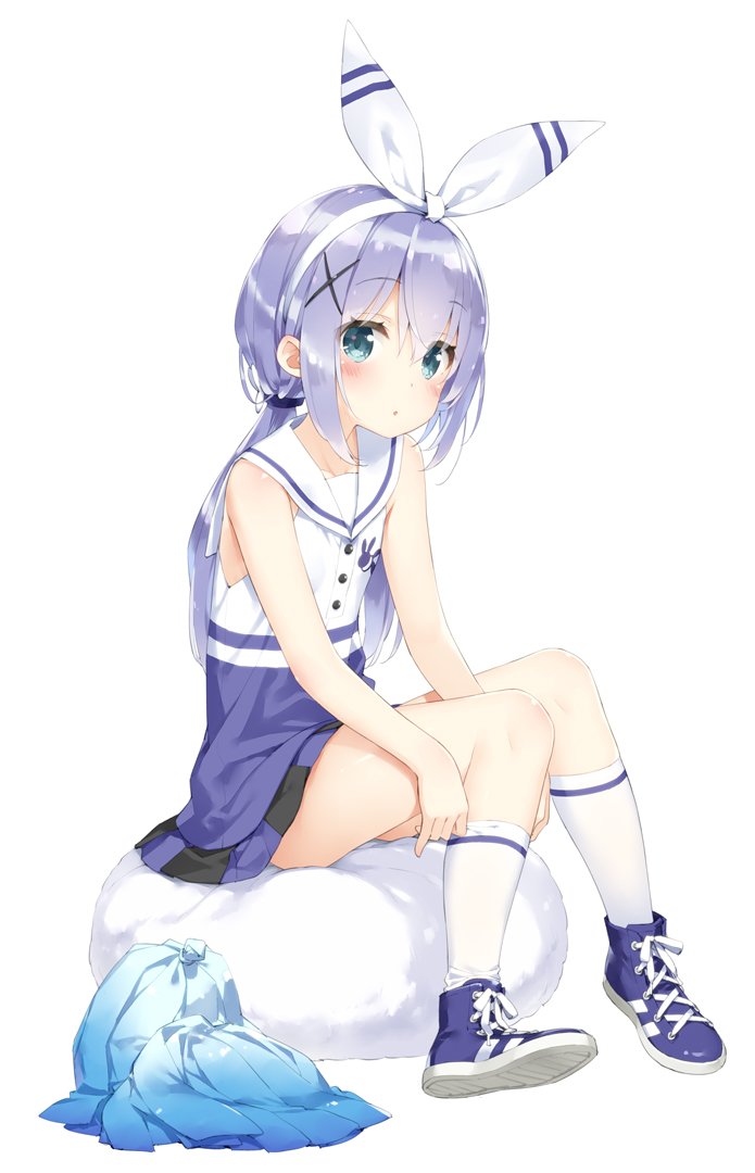 1girl :o adjusting_clothes adjusting_legwear bangs bare_arms bare_shoulders blue_dress blue_footwear blue_hair blush cheerleader collared_dress commentary_request dress eyebrows_visible_through_hair full_body gochuumon_wa_usagi_desu_ka? green_eyes hair_between_eyes hair_ornament hair_ribbon hairband head_tilt kafuu_chino long_hair looking_at_viewer multicolored multicolored_clothes multicolored_dress parted_lips peko pleated_dress pom_poms ribbon shoes sidelocks simple_background sitting sleeveless sleeveless_dress socks solo very_long_hair white_background white_dress white_hairband white_legwear white_ribbon x_hair_ornament