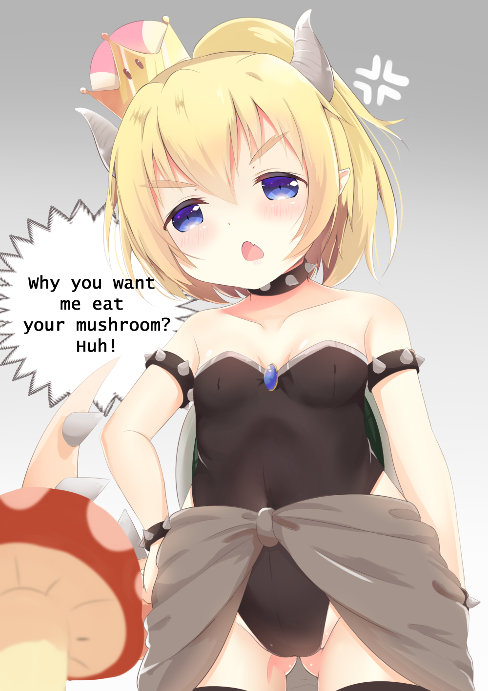 1girl anger_vein ass_visible_through_thighs bangs bare_shoulders black_legwear black_leotard blonde_hair blue_eyes blurry blurry_foreground bowsette bracelet breasts collar collarbone commentary_request covered_navel crown depth_of_field engrish eyebrows_visible_through_hair fang gradient gradient_background grey_background hair_between_eyes hand_on_hip head_tilt high_ponytail highres horns jewelry kittipat_jituatakul leotard looking_at_viewer super_mario_bros. mini_crown mushroom new_super_mario_bros._u_deluxe nintendo open_mouth ponytail ranguage small_breasts solo spiked_bracelet spiked_collar spiked_tail spikes strapless strapless_leotard super_crown tail thigh-highs tilted_headwear v-shaped_eyebrows white_background