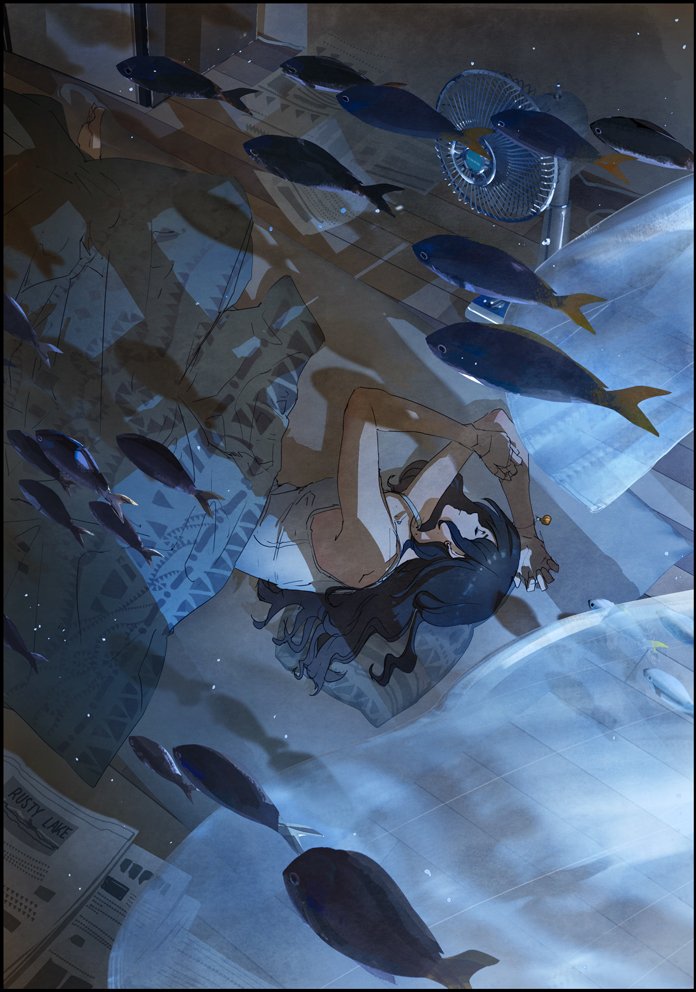 1girl black_hair blanket closed_eyes closed_mouth electric_fan fish indoors kurono_kuro long_hair lying newspaper night on_side original sleeping solo